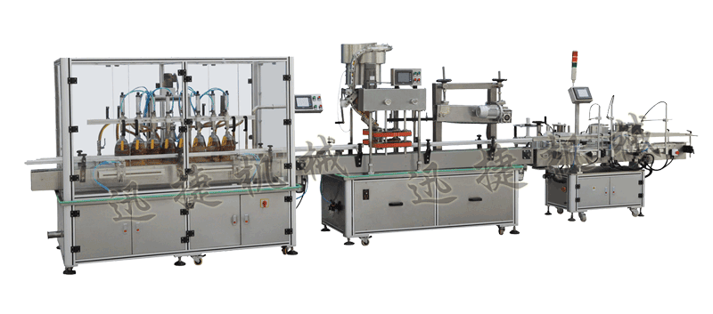 灌裝機+全自動封蓋機（自動理蓋，自動扣蓋，自動旋壓蓋）+貼標機